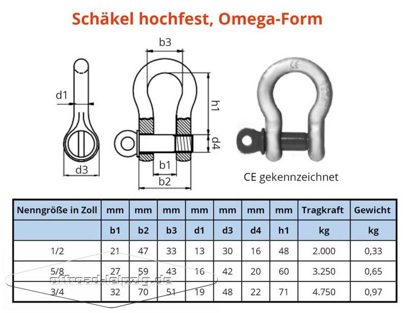 Schäkel geschweift HA2, hochfest Größe 3/4 ,  Traglast 4,75t, Bruchlast 28,5t, Omega Schaekel